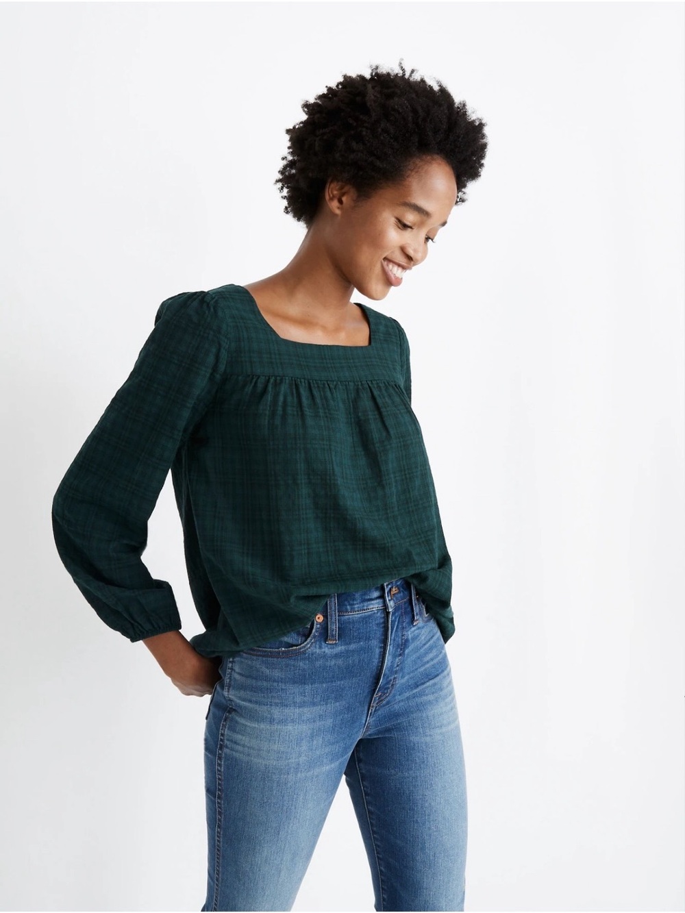 Madewell Plaid Square-Neck Peasant Top